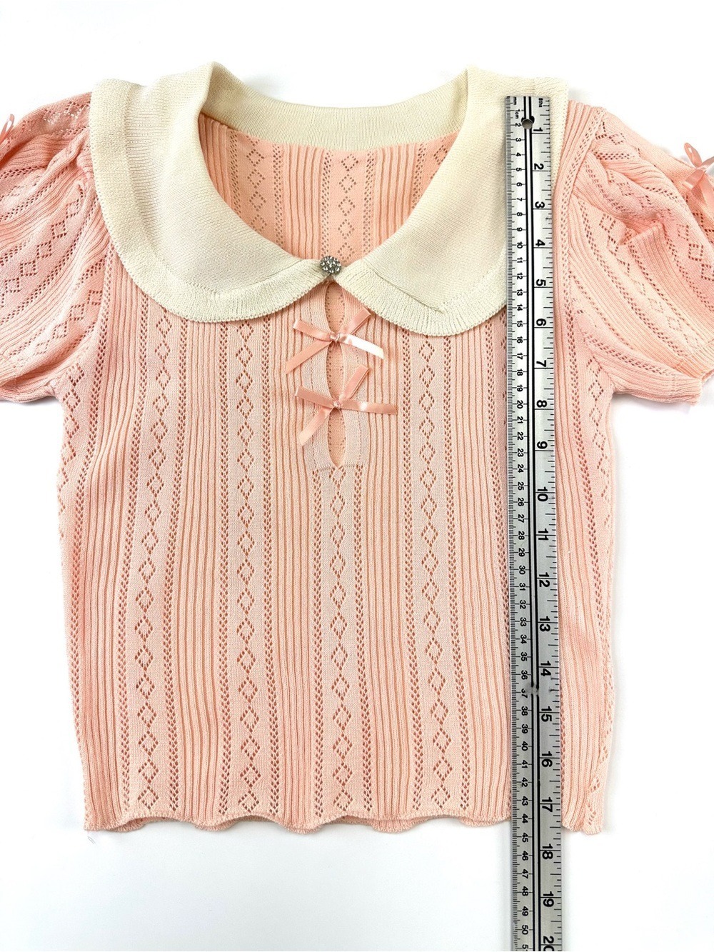 Coquette Peach Pointelle Knit Top Peter Pan Collar Bow Y2K Style Small Twee - Picture 4 of 4